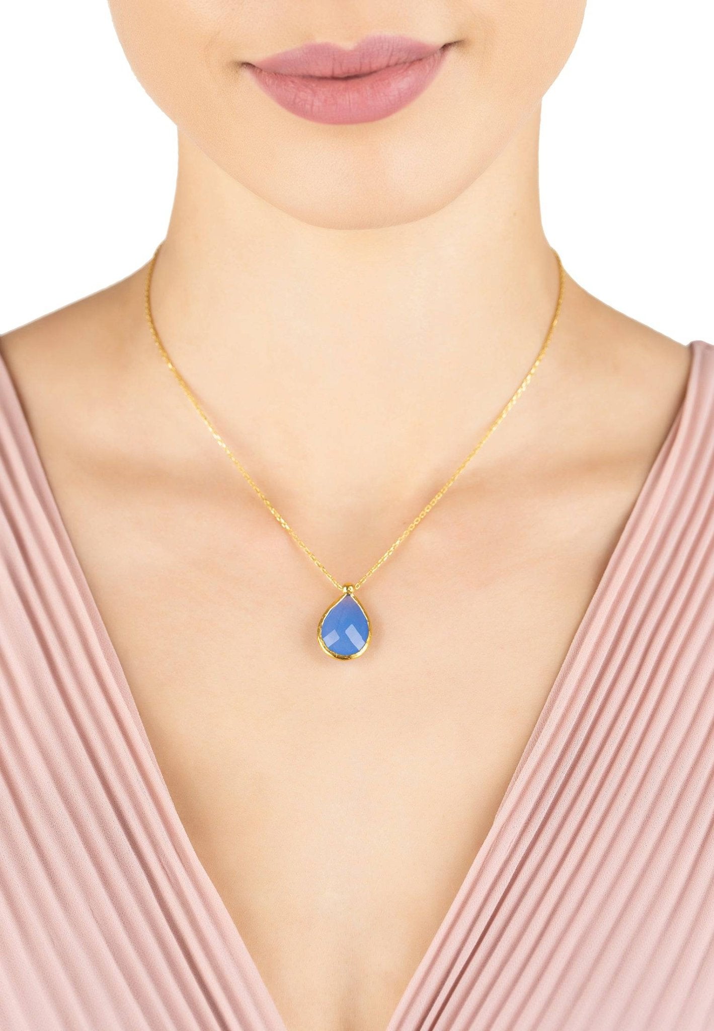 Petite Drop Necklace Gold Dark Blue Chalcedony - lolaluxeshop