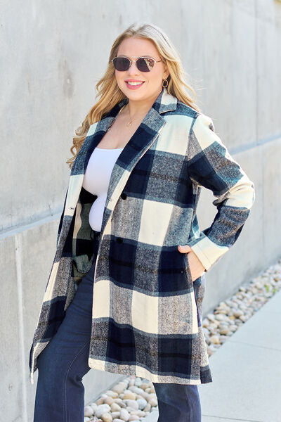 Double Take Full Size Plaid Button Up Lapel Collar Coat - lolaluxeshop