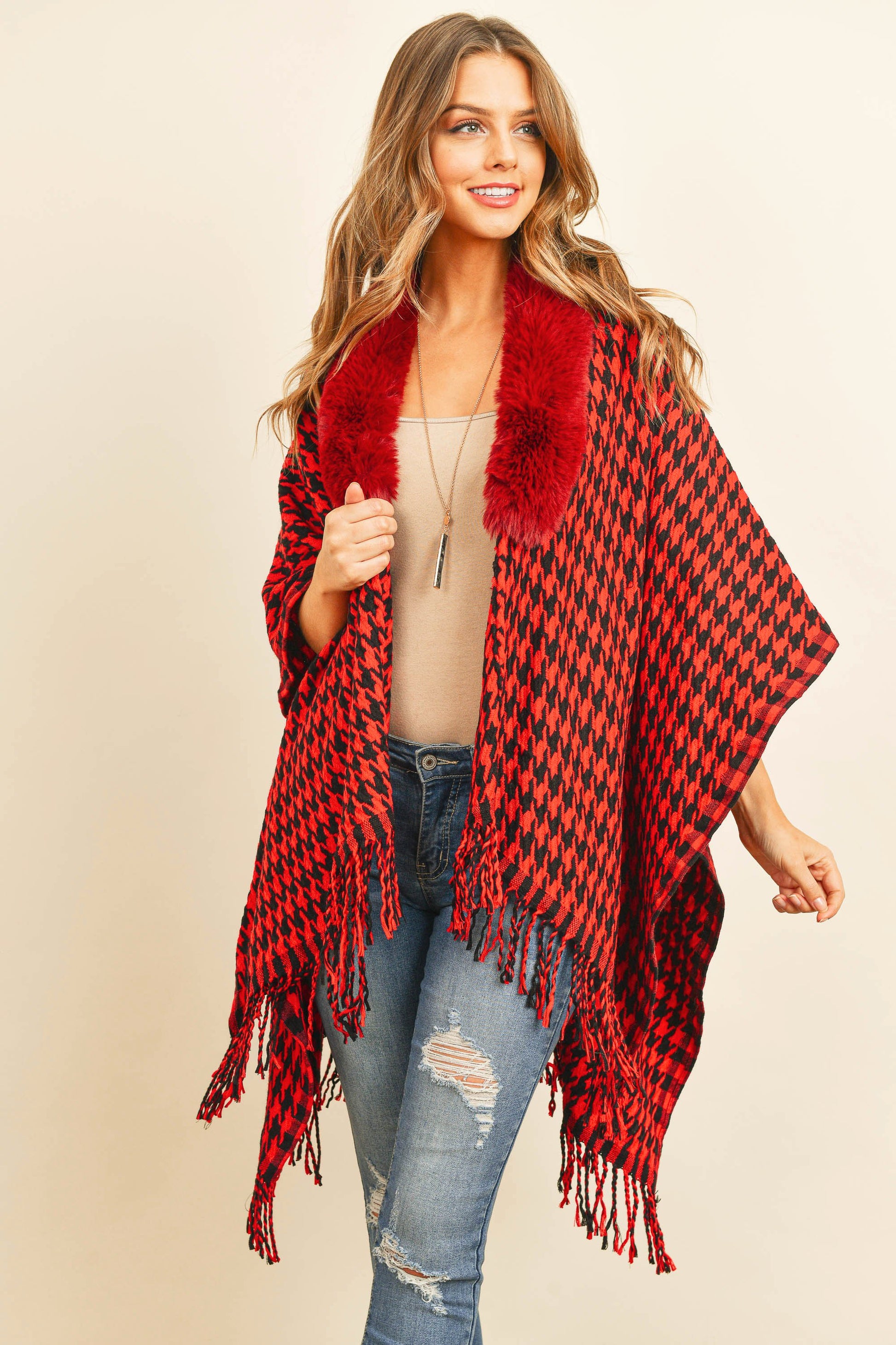 Hdf3145 - Houndstooth Fur Open Front Kimono - LOLA LUXE