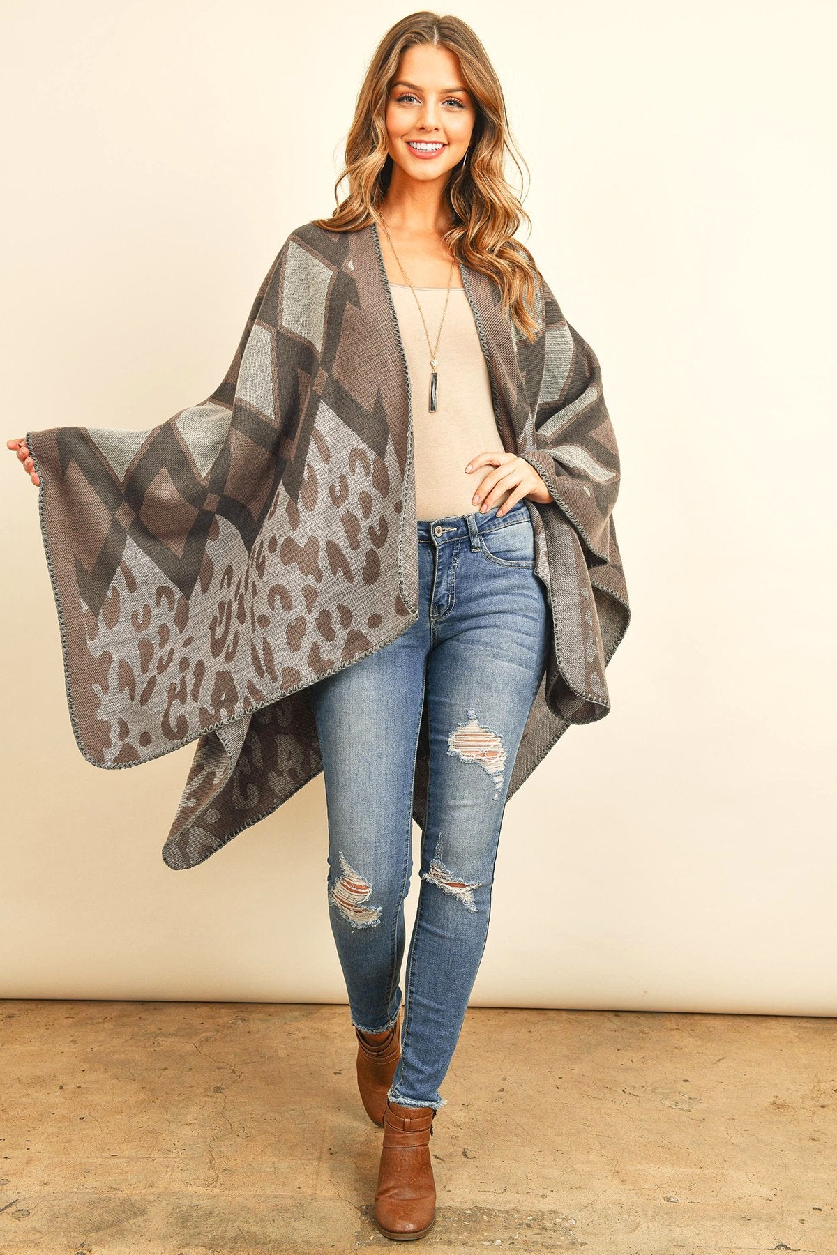 Hdf3142-Chevron Leopard Open Front Kimono - LOLA LUXE