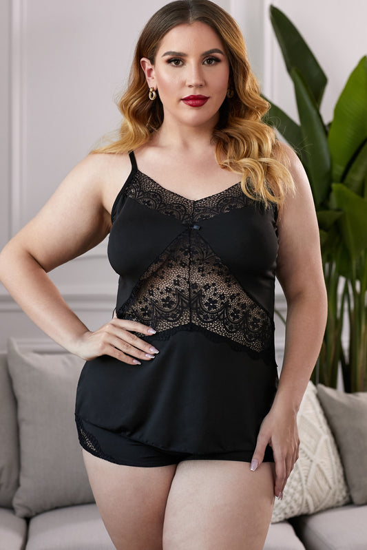 Lace Insert Plus Size Pajamas Set - LOLA LUXE