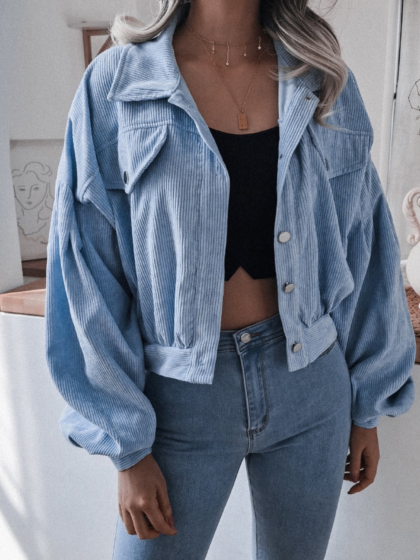 Lantern Sleeve Cropped Corduroy Jacket - LOLA LUXE