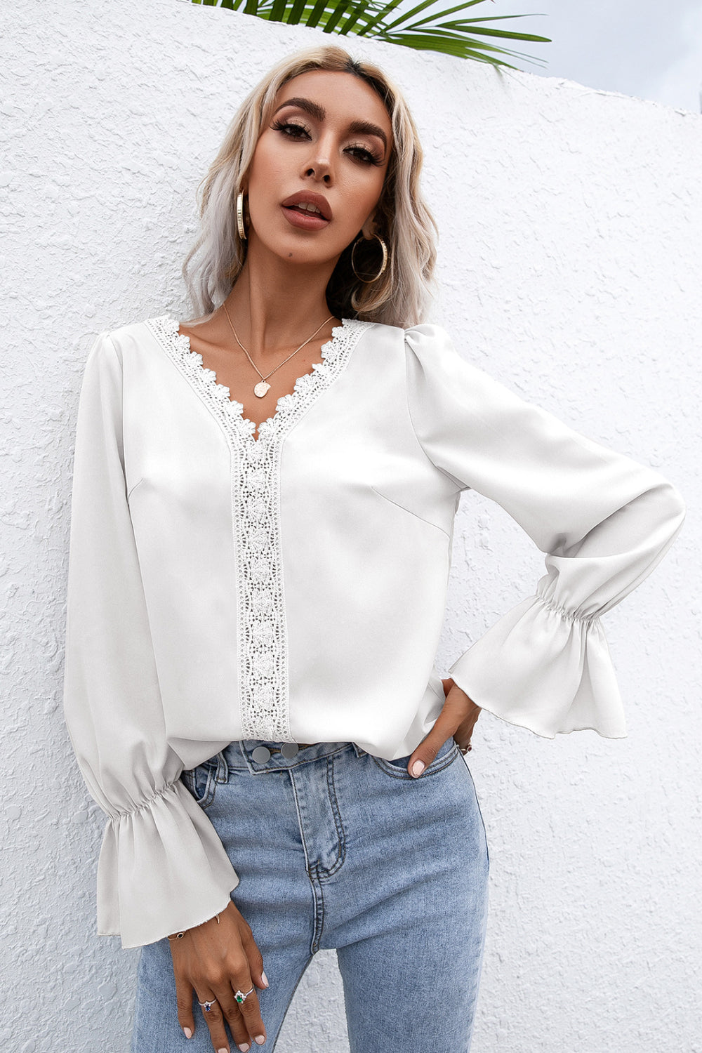 Lace Trim Flounce Sleeve Blouse - LOLA LUXE