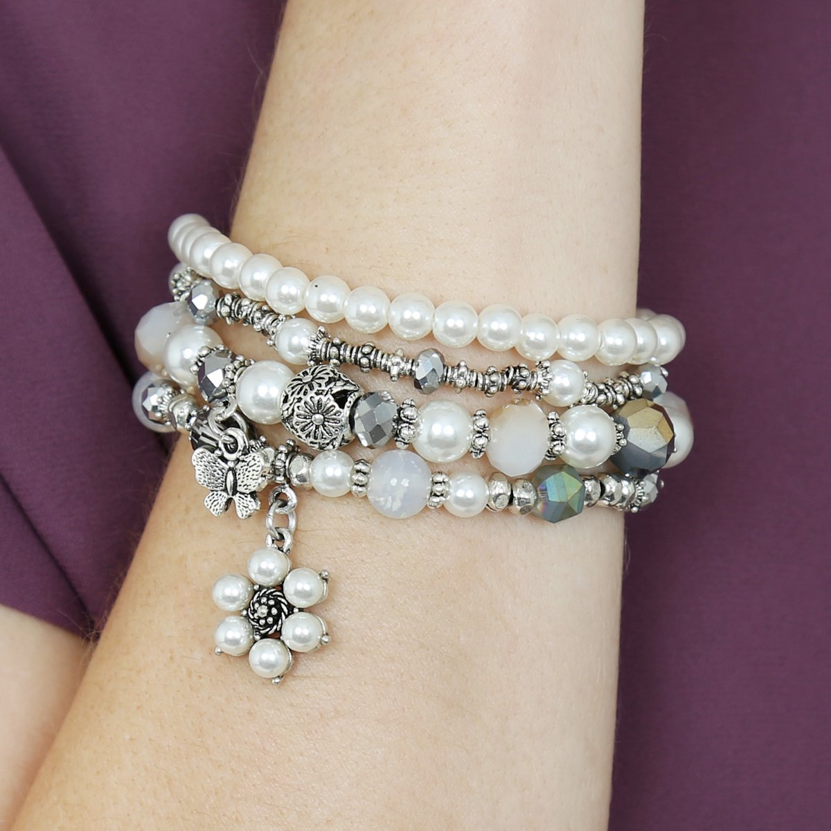 Hdb2076 - Butterfly Pearl Classy Stackable Bracelet - LOLA LUXE