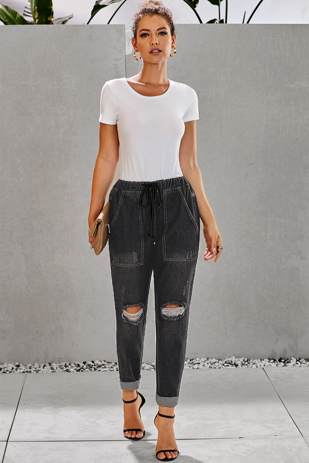 Drawstring Denim Joggers - LOLA LUXE