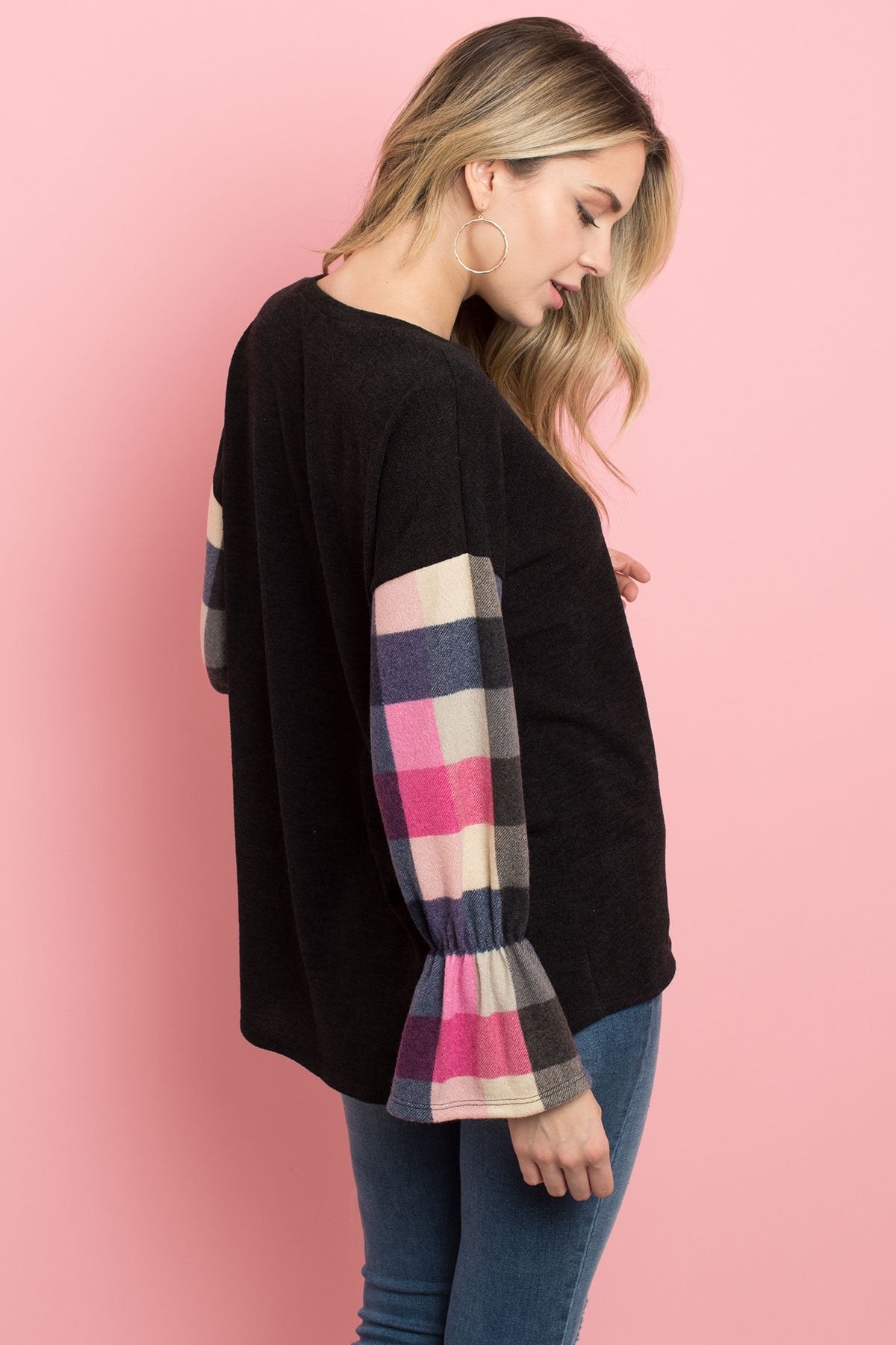 Plaid Bell Sleeves Mier Sweater - LOLA LUXE