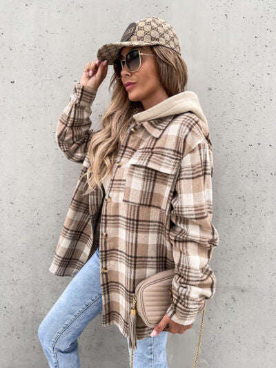 Plaid Dropped Shoulder Hooded Jacket - lolaluxeshop