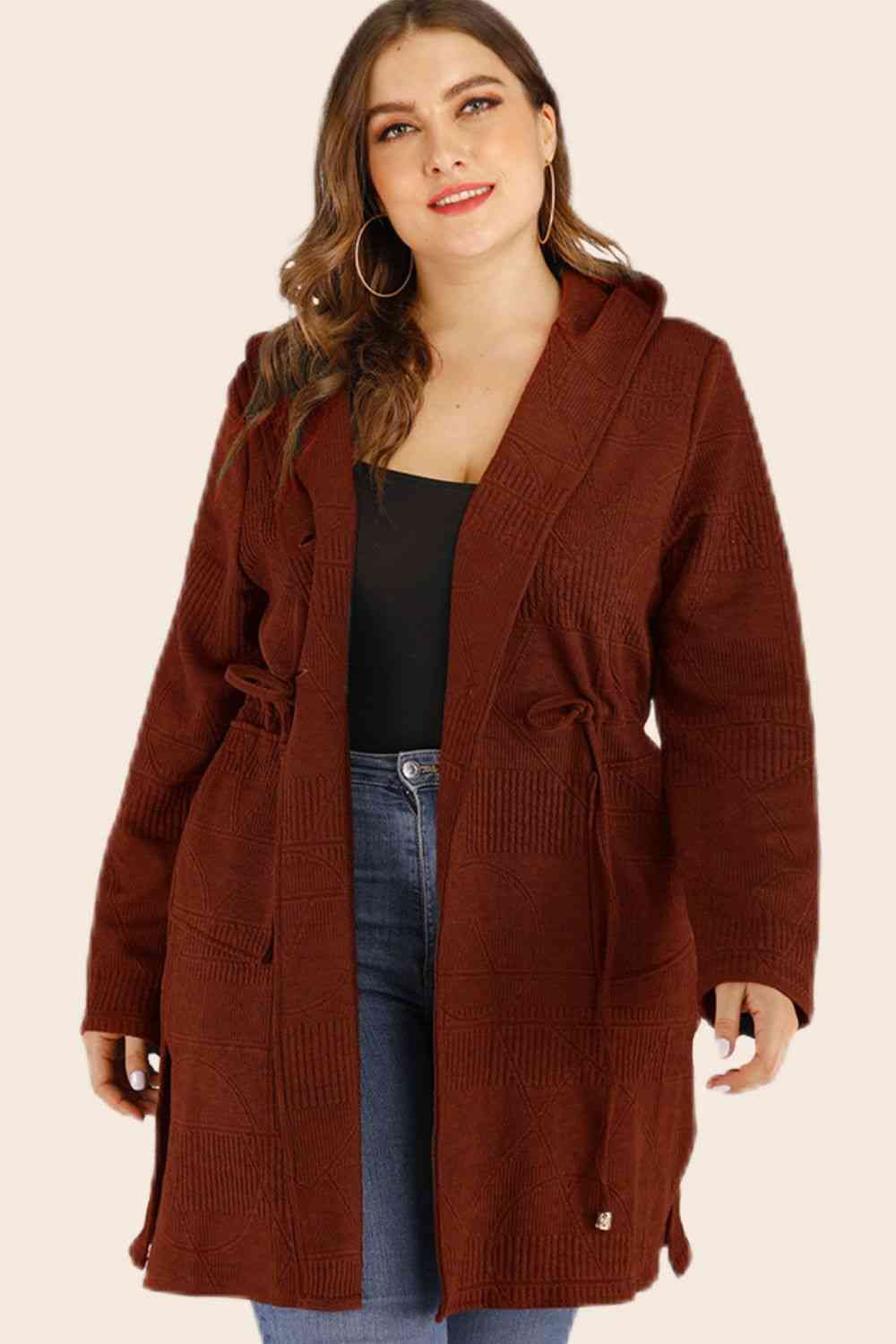 Plus Size Drawstring Waist Hooded Cardigan with Pockets - lolaluxeshop