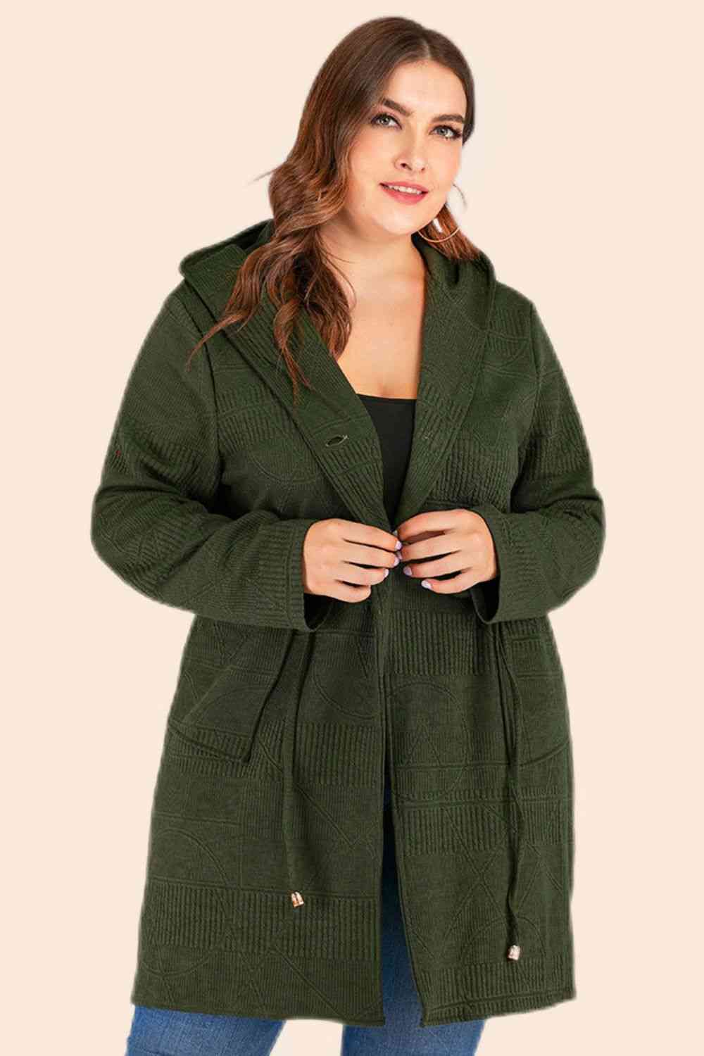 Plus Size Drawstring Waist Hooded Cardigan with Pockets - lolaluxeshop