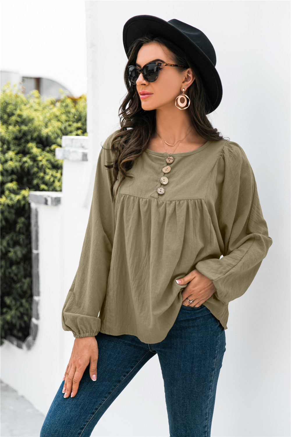 Button Up Balloon Sleeve Blouse - LOLA LUXE