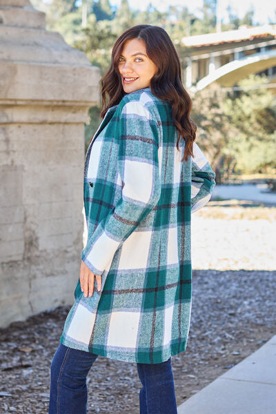 Double Take Full Size Plaid Button Up Lapel Collar Coat - lolaluxeshop