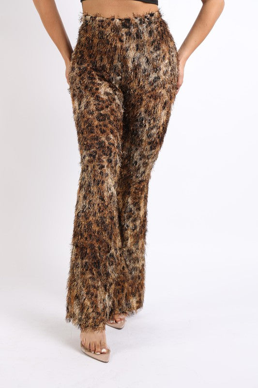 Fur leopard print bell bottom pants - lolaluxeshop