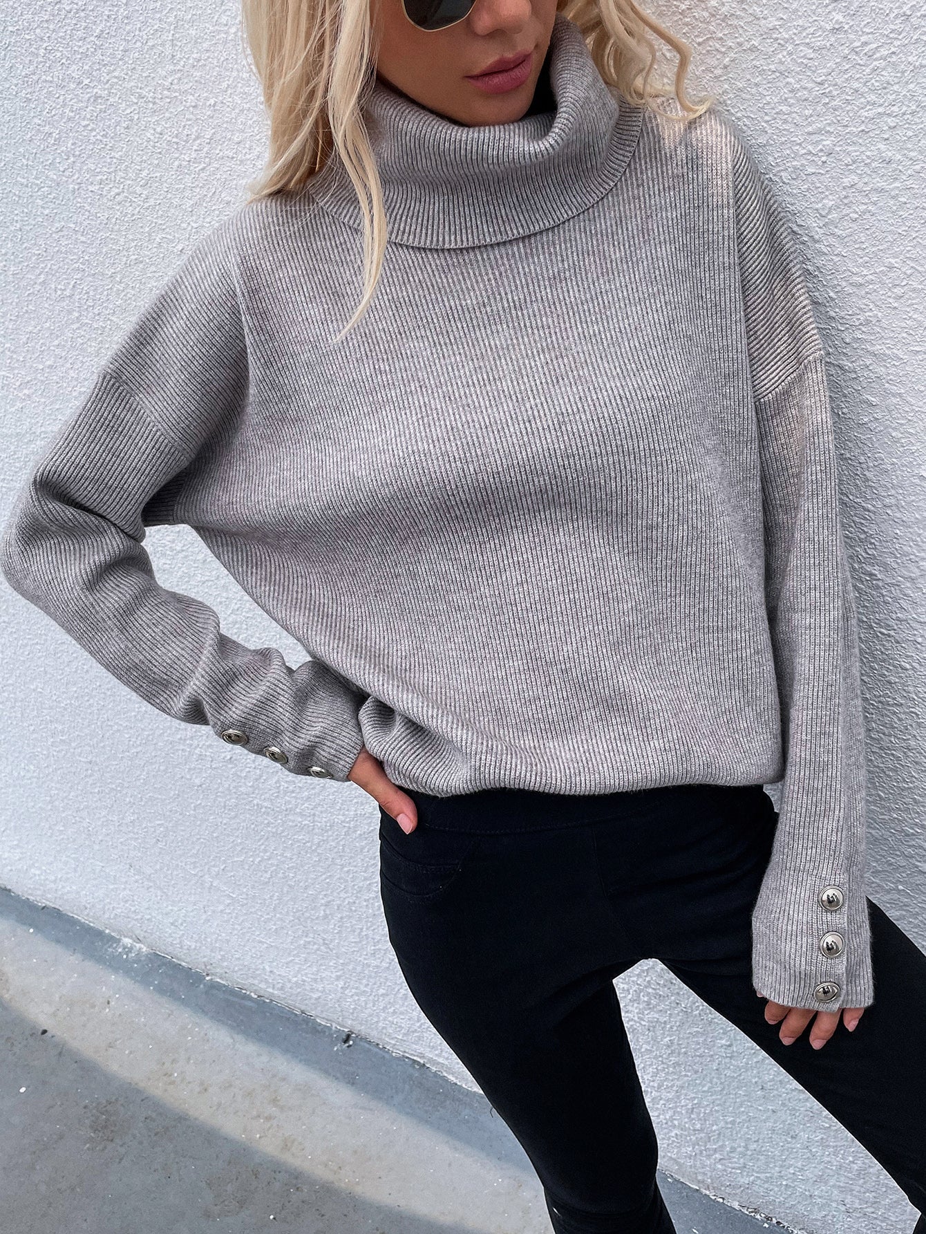 Button Detail Rib-Knit Turtleneck Sweater - LOLA LUXE