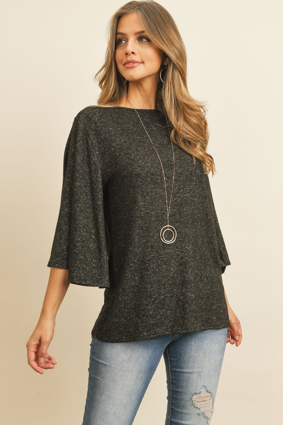 Boat Neck Bell Sleeve Solid Hacci Brushed Top - LOLA LUXE