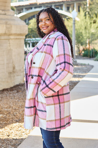 Double Take Full Size Plaid Button Up Lapel Collar Coat - lolaluxeshop