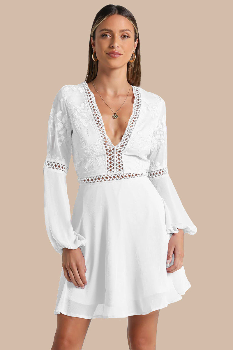 V Neck Flare Sleeve Mini Dress - LOLA LUXE