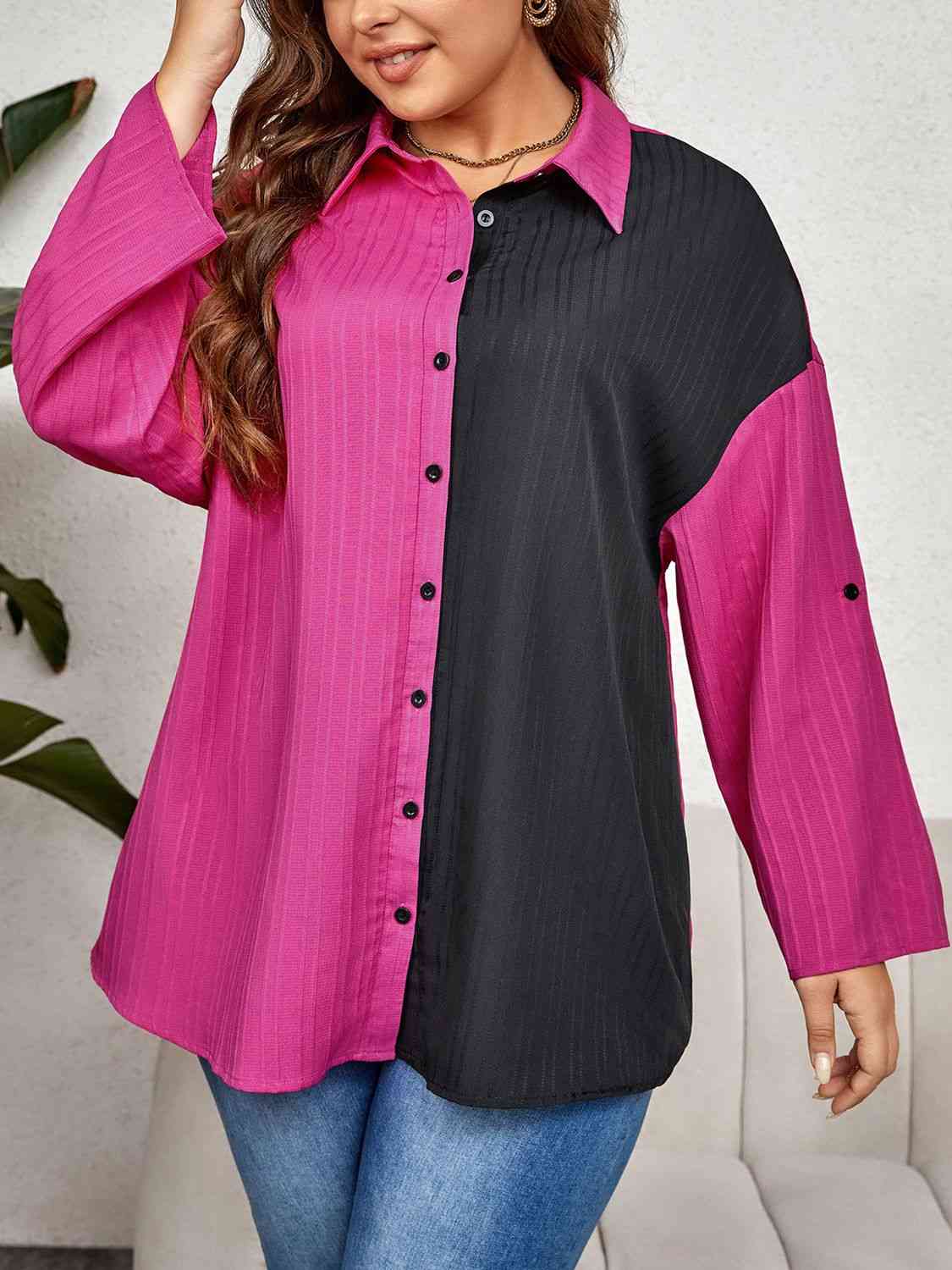 Plus Size Contrast Color Roll-Tap Sleeve Shirt - lolaluxeshop