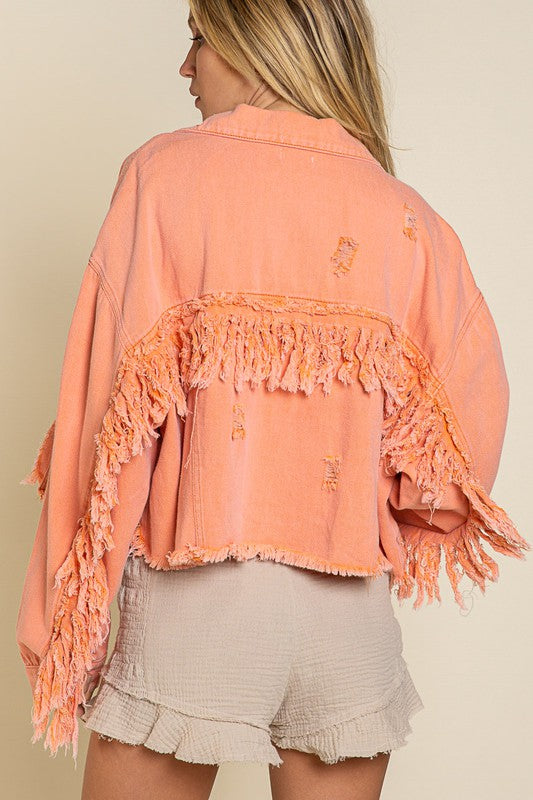 Fringe Distressed Crop Denim Jacket - LOLA LUXE