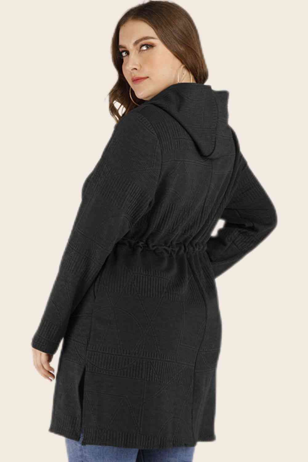 Plus Size Drawstring Waist Hooded Cardigan with Pockets - lolaluxeshop