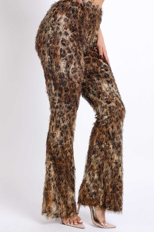 Fur leopard print bell bottom pants - lolaluxeshop