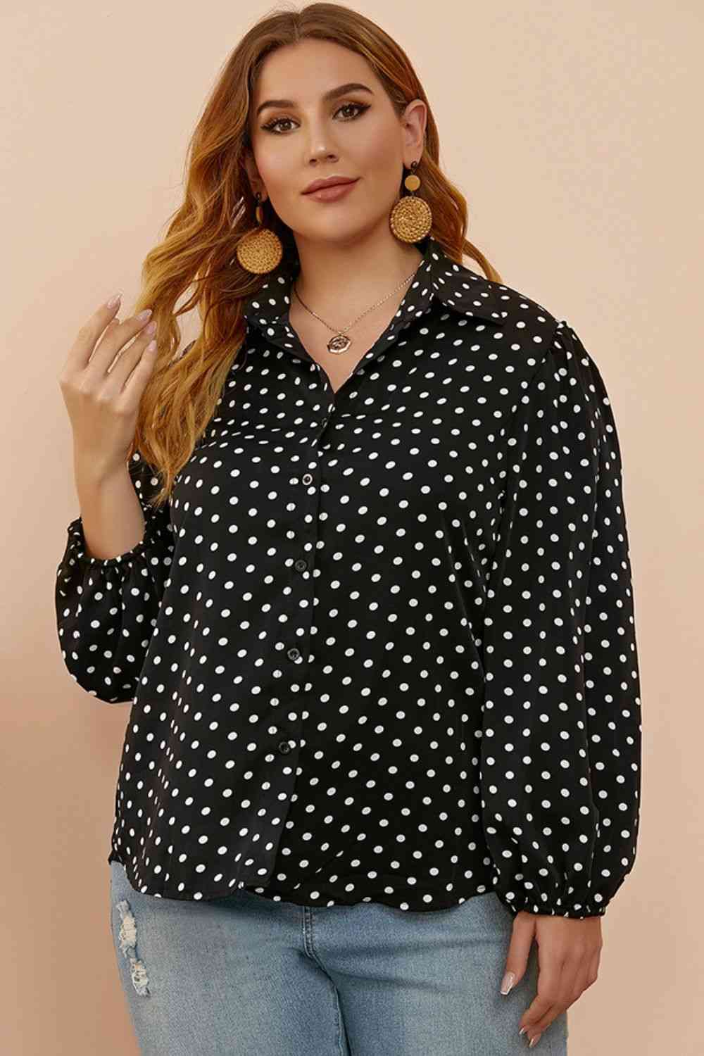 Plus Size Polka Dot Balloon Sleeve Shirt - lolaluxeshop