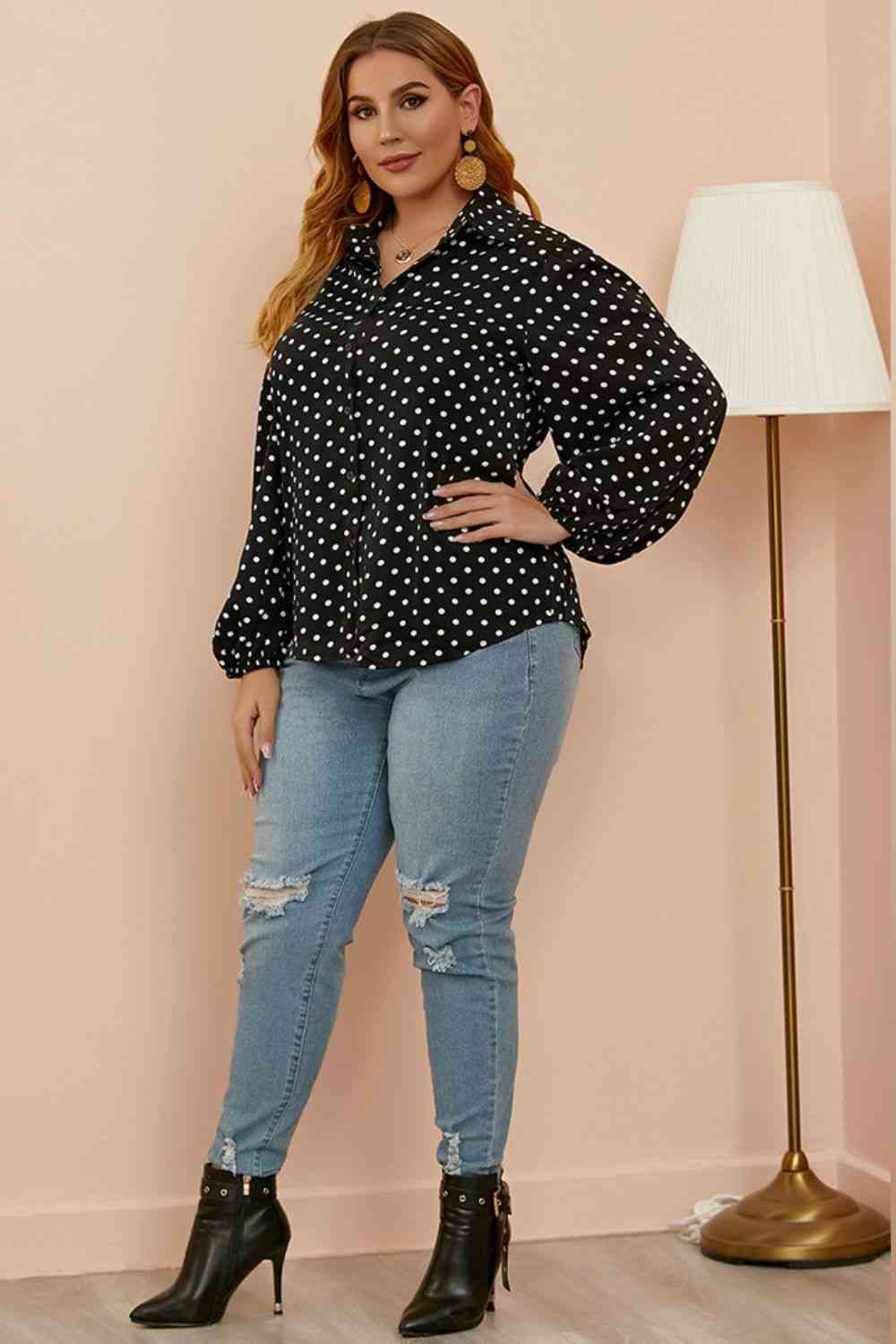 Plus Size Polka Dot Balloon Sleeve Shirt - lolaluxeshop