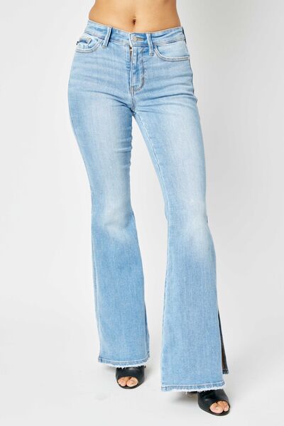 Judy Blue Full Size Mid Rise Raw Hem Slit Flare Jeans - lolaluxeshop