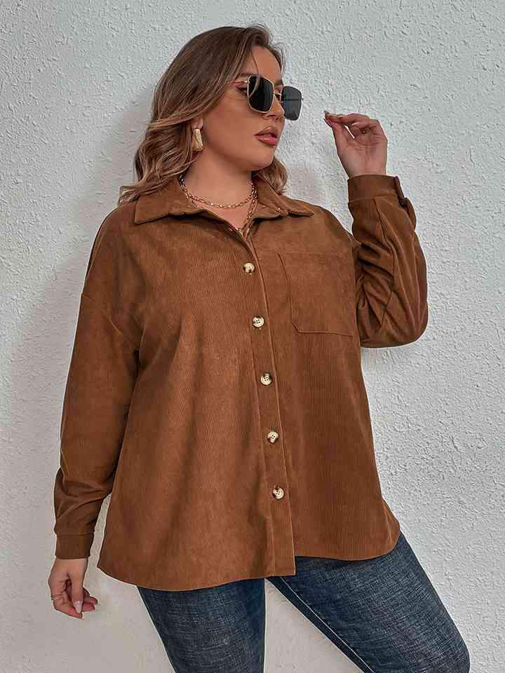 Plus Size Collared Neck Long Sleeve Shirt - lolaluxeshop