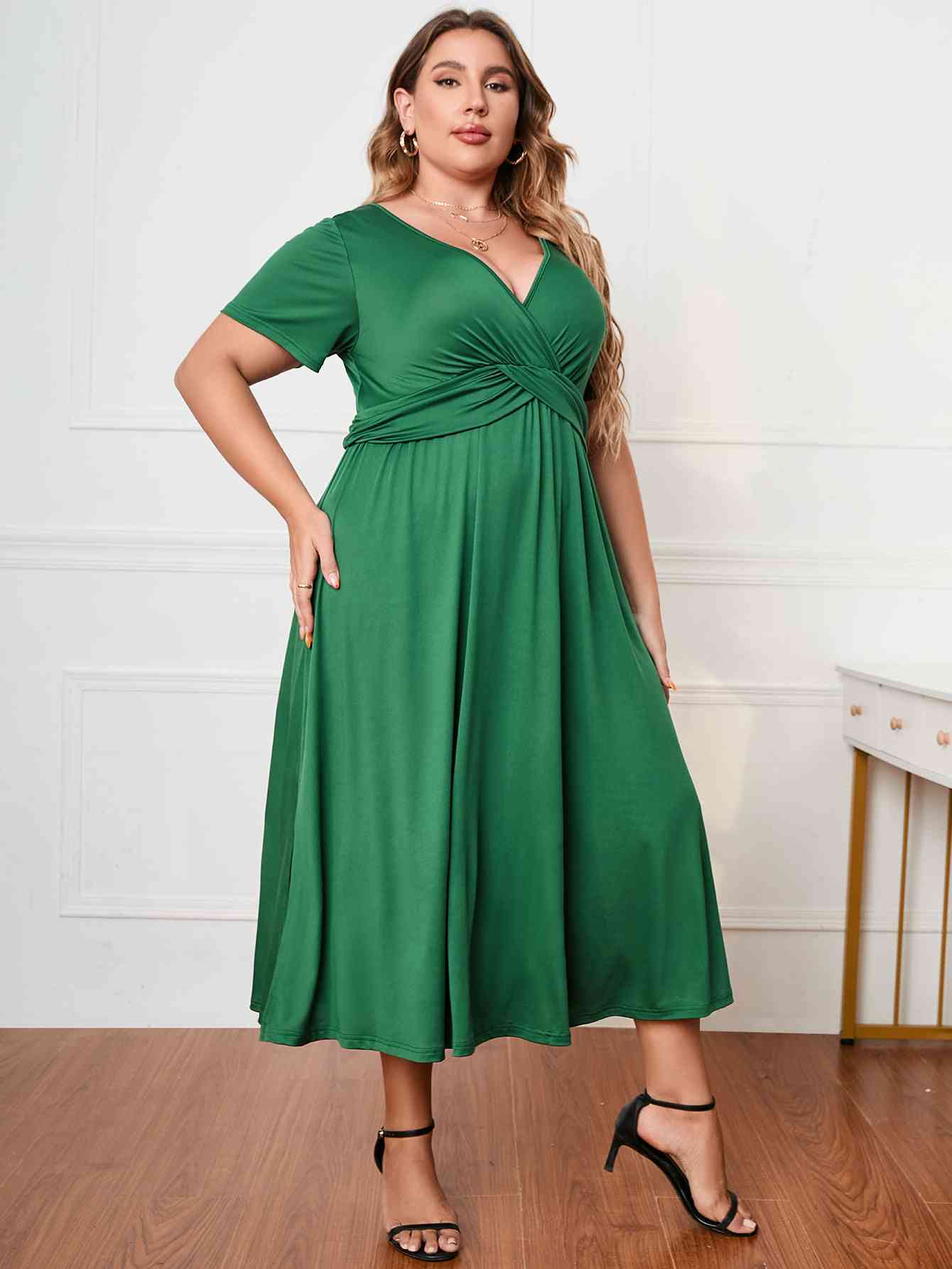 Plus Size Short Sleeve Surplice Neck Midi Dress - lolaluxeshop