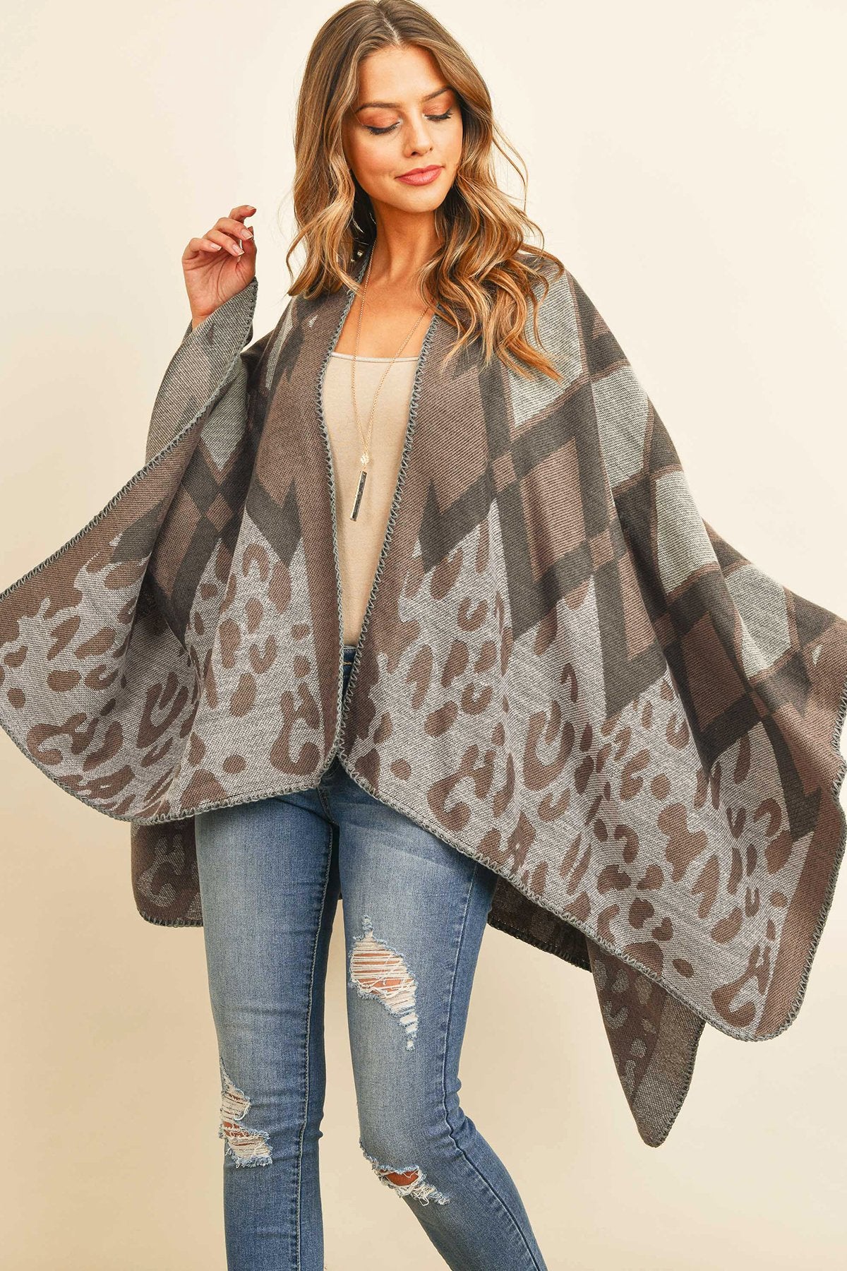 Hdf3142-Chevron Leopard Open Front Kimono - LOLA LUXE