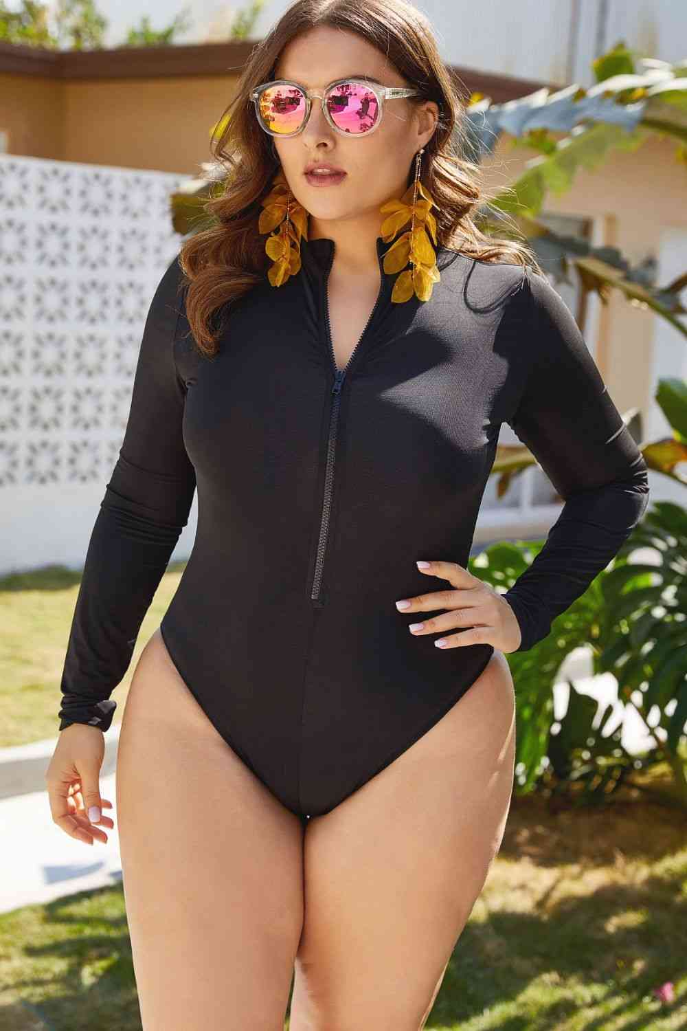 Zip Up Long Sleeve One-Piece Swimsuit - lolaluxeshop