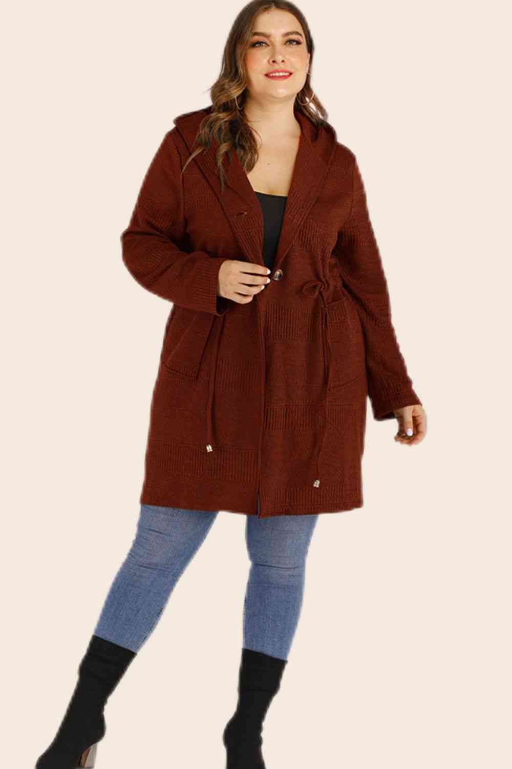 Plus Size Drawstring Waist Hooded Cardigan with Pockets - lolaluxeshop