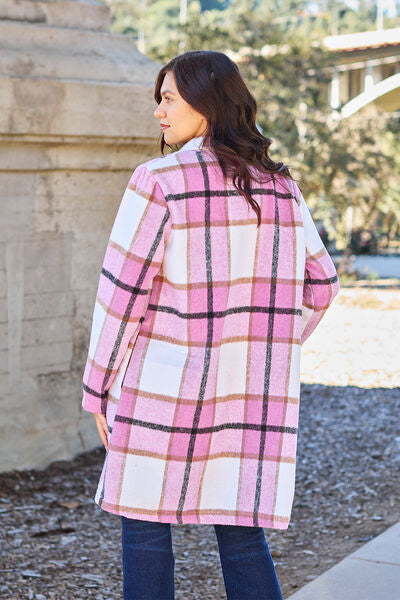 Double Take Full Size Plaid Button Up Lapel Collar Coat - lolaluxeshop