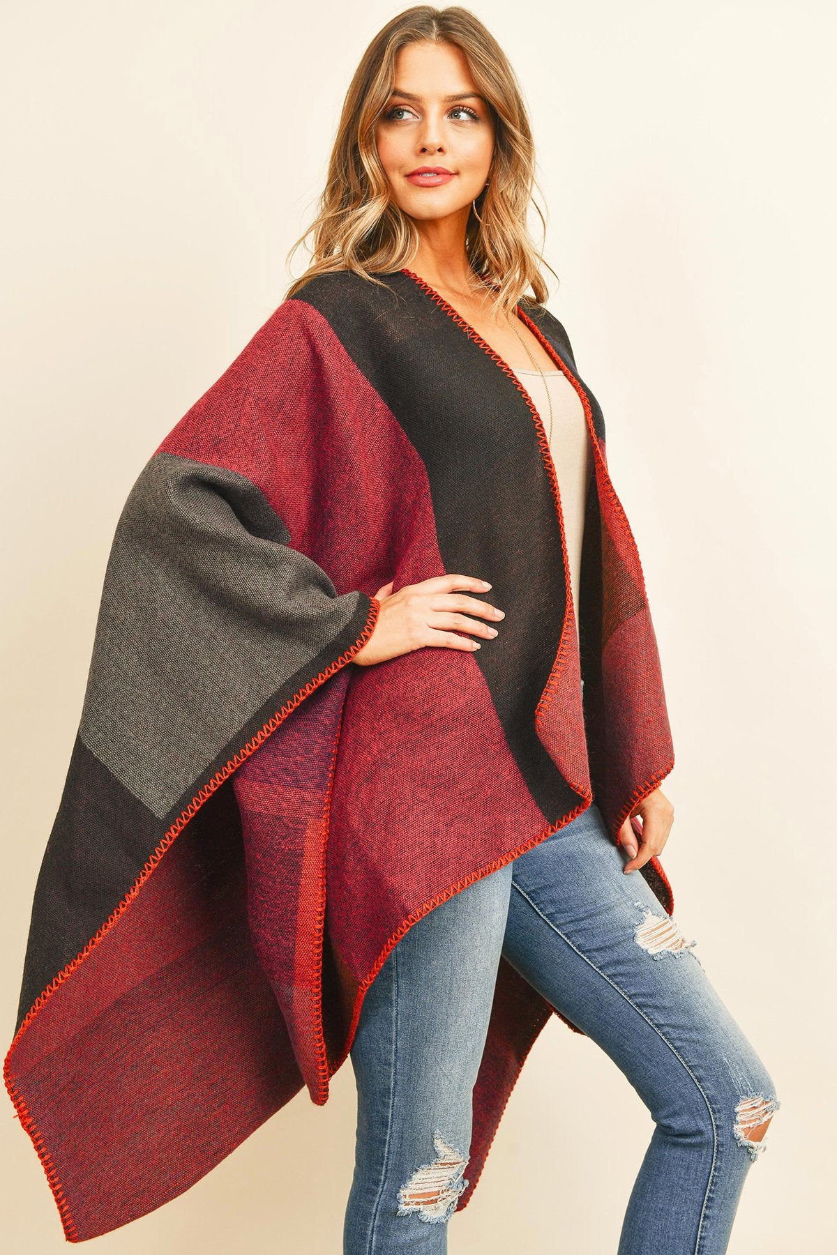 Hdf3151bu - Burgundy Plaid Open Front Kimono - LOLA LUXE