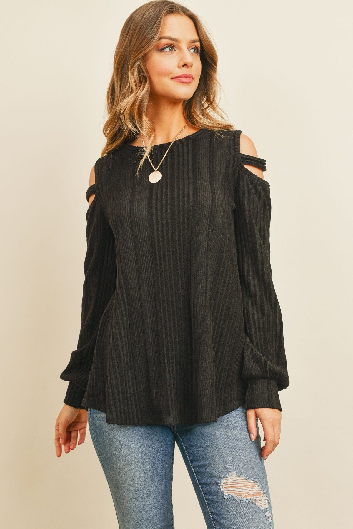 Ladder Open Should Long Sleeved Rib Detail Top - LOLA LUXE