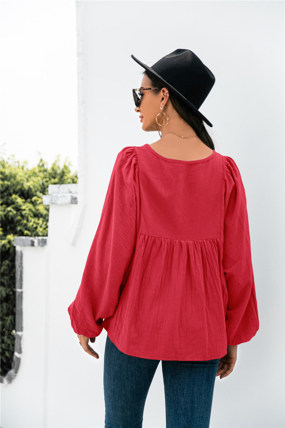 Button Up Balloon Sleeve Blouse - LOLA LUXE