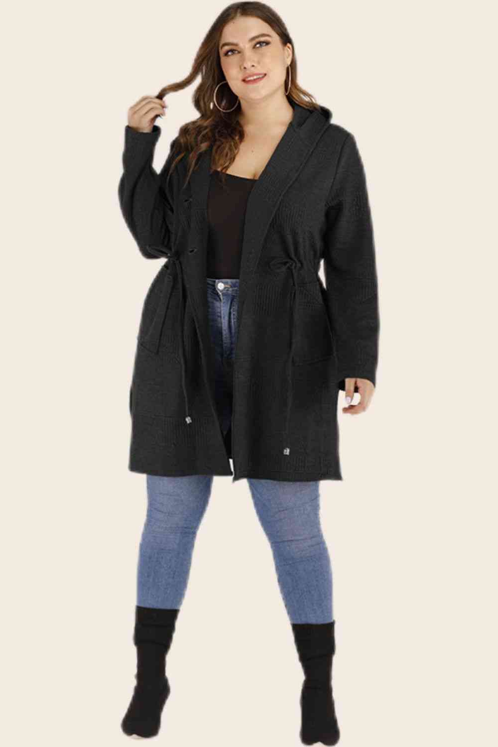 Plus Size Drawstring Waist Hooded Cardigan with Pockets - lolaluxeshop