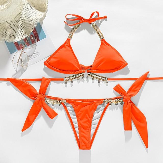 Diamond Bikini Sexy Push Up Halter Swimsuit Female Crystal Swimwear Women Brazilian Biquini Bathing Suit New - LOLA LUXE