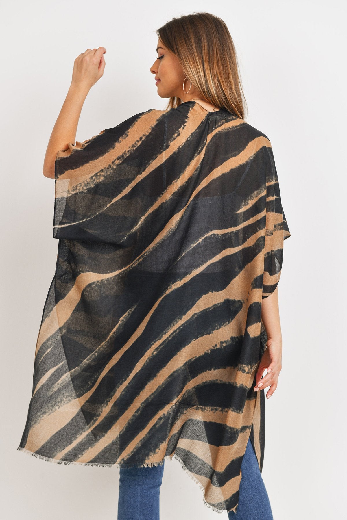 Hdf3167 - Zebra Line Print Open Front Kimono - LOLA LUXE