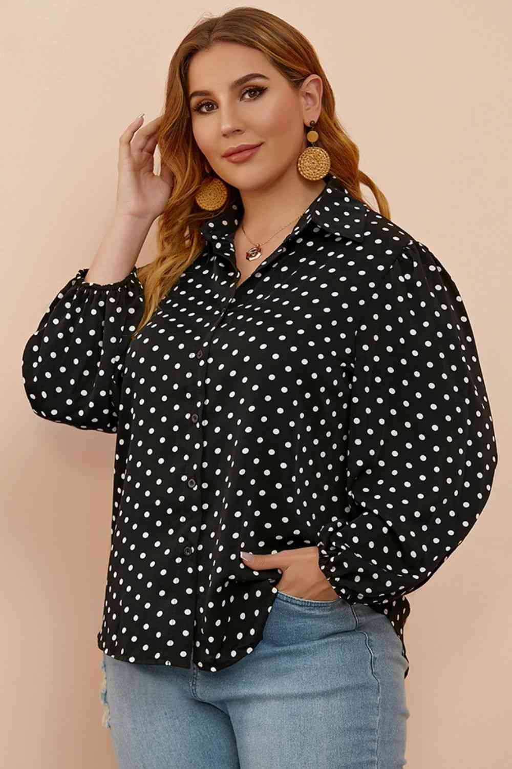 Plus Size Polka Dot Balloon Sleeve Shirt - lolaluxeshop