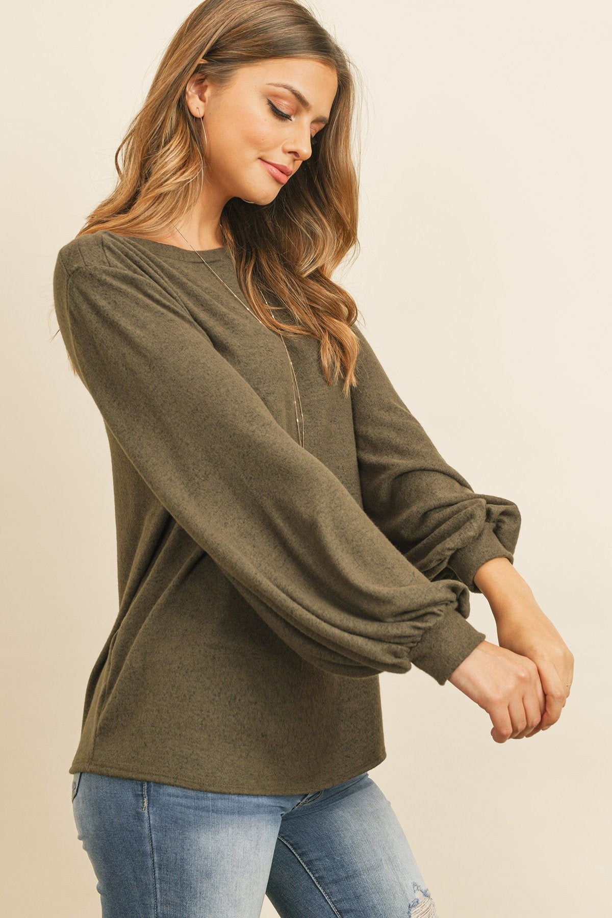 Puff Sleeved Boat Neck Two Toned Brushed Hacci Top - LOLA LUXE