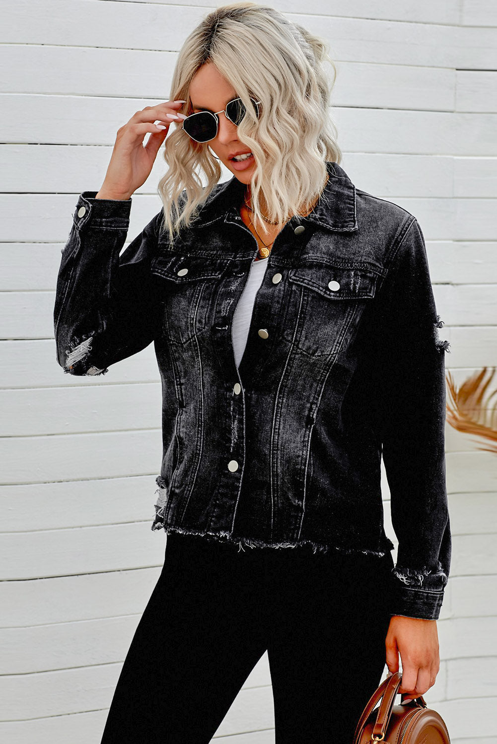 Distressed Raw Hem Denim Jacket - LOLA LUXE