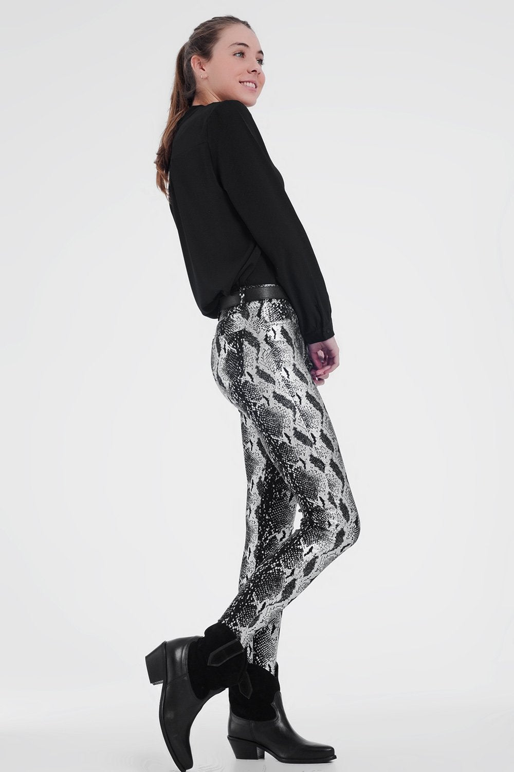 Black Skinny Shiny Printed Pants - LOLA LUXE