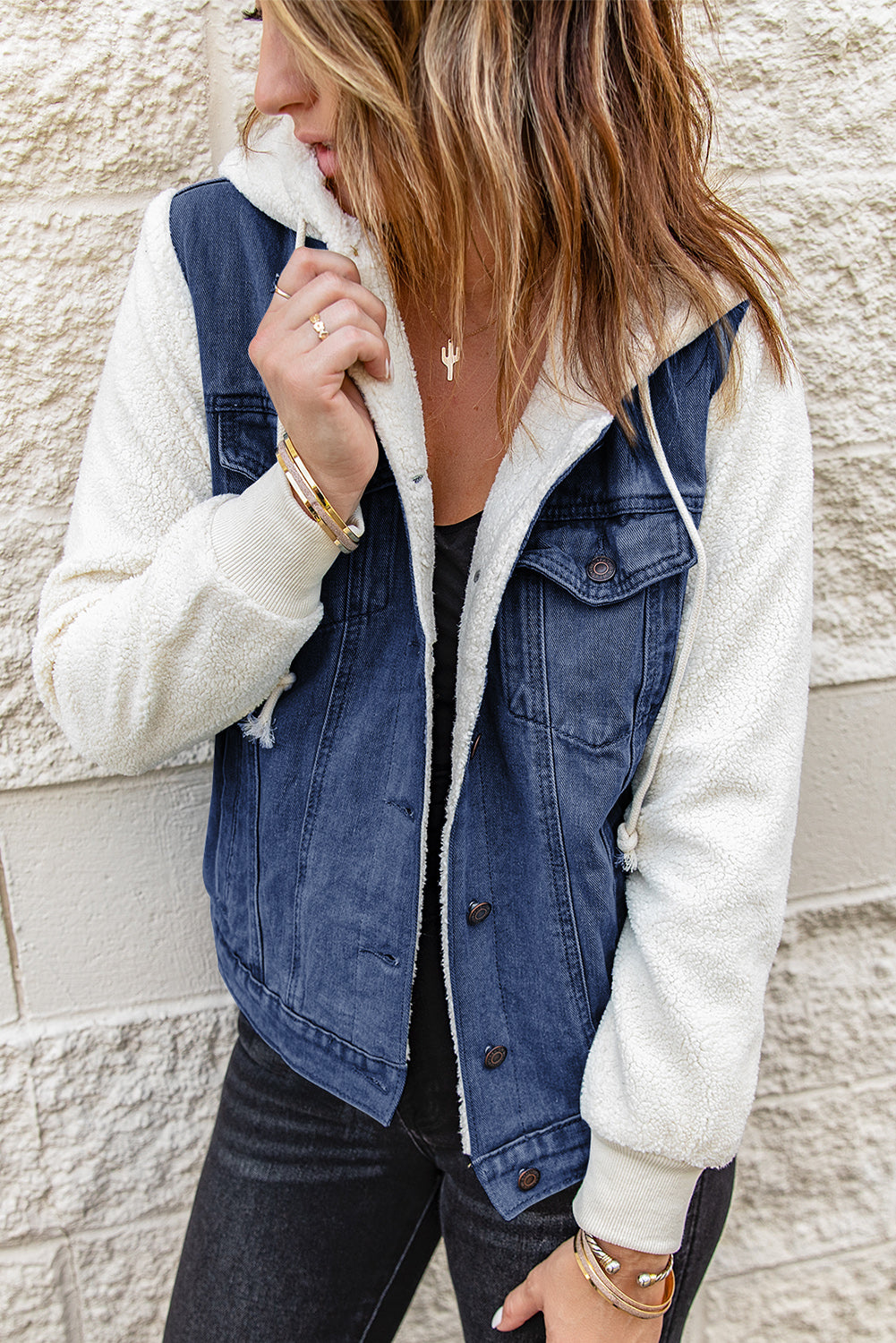 Two-Tone Spliced Denim Sherpa Hooded Jacket - LOLA LUXE