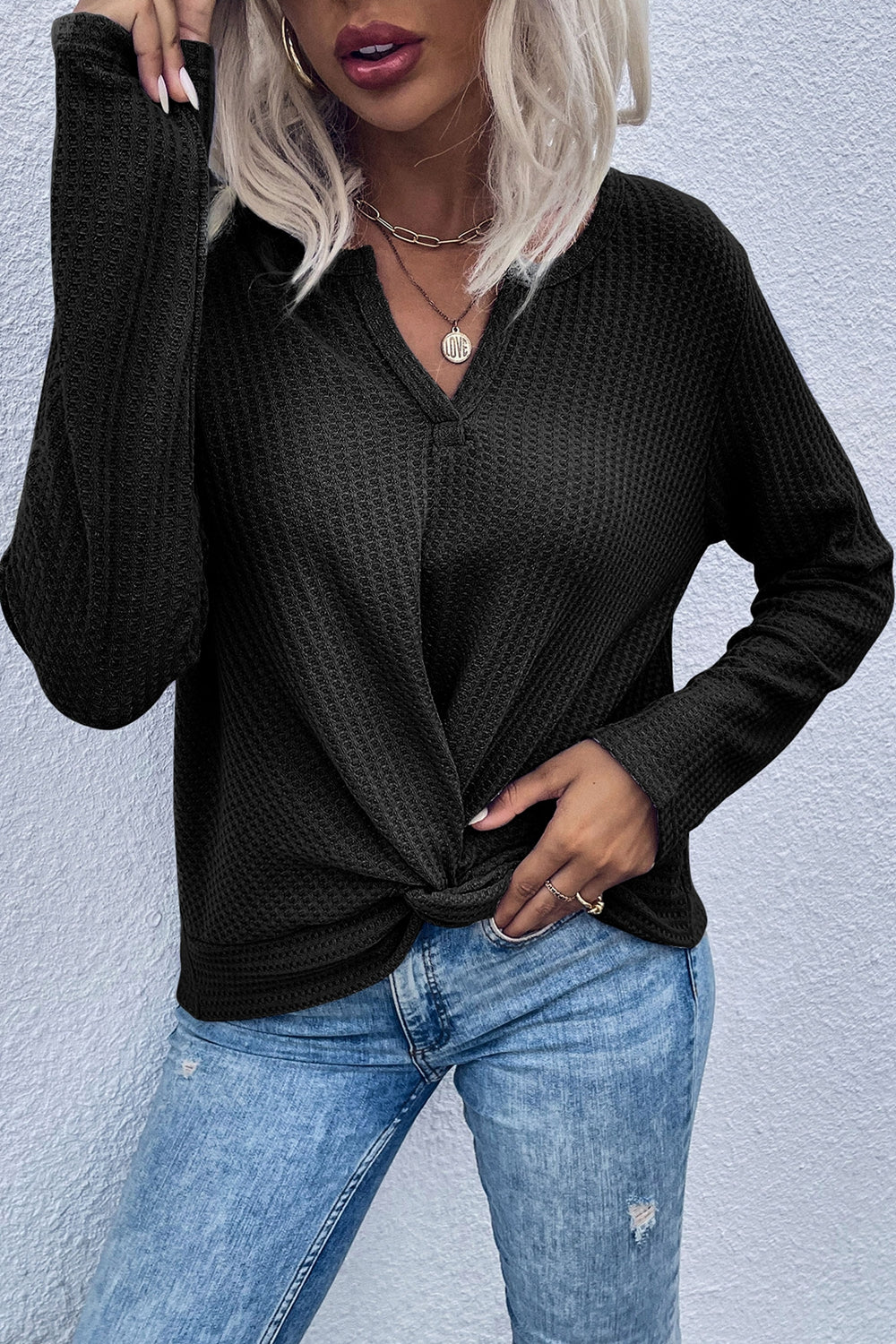 Twist Front Long Sleeve Waffle Knit Top - LOLA LUXE