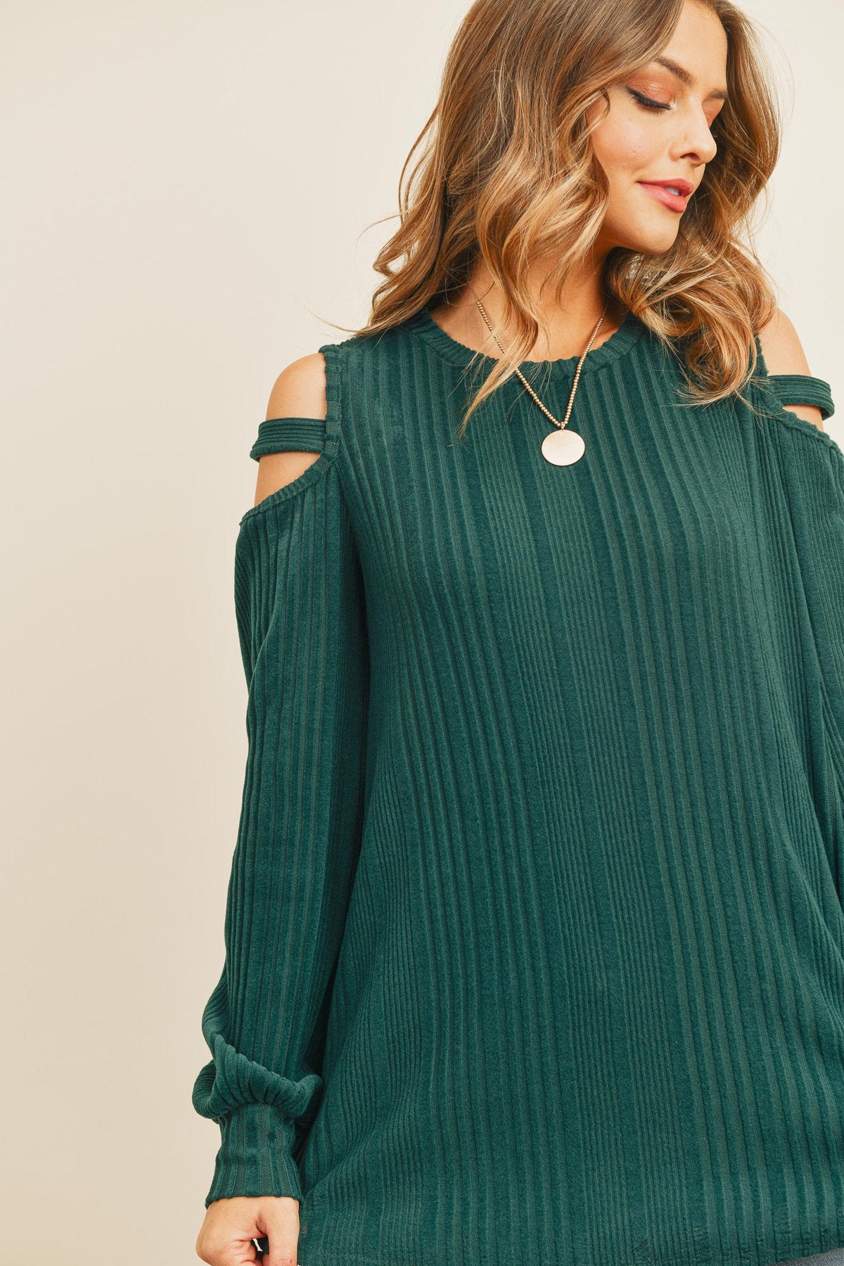 Ladder Open Should Long Sleeved Rib Detail Top - LOLA LUXE