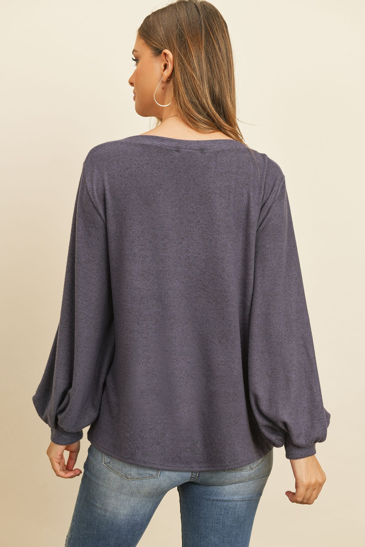 Puff Sleeved Boat Neck Two Toned Brushed Hacci Top - LOLA LUXE