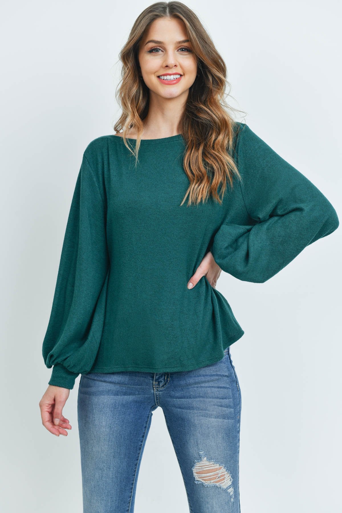 Puff Sleeved Boat Neck Two Toned Brushed Hacci Top - LOLA LUXE