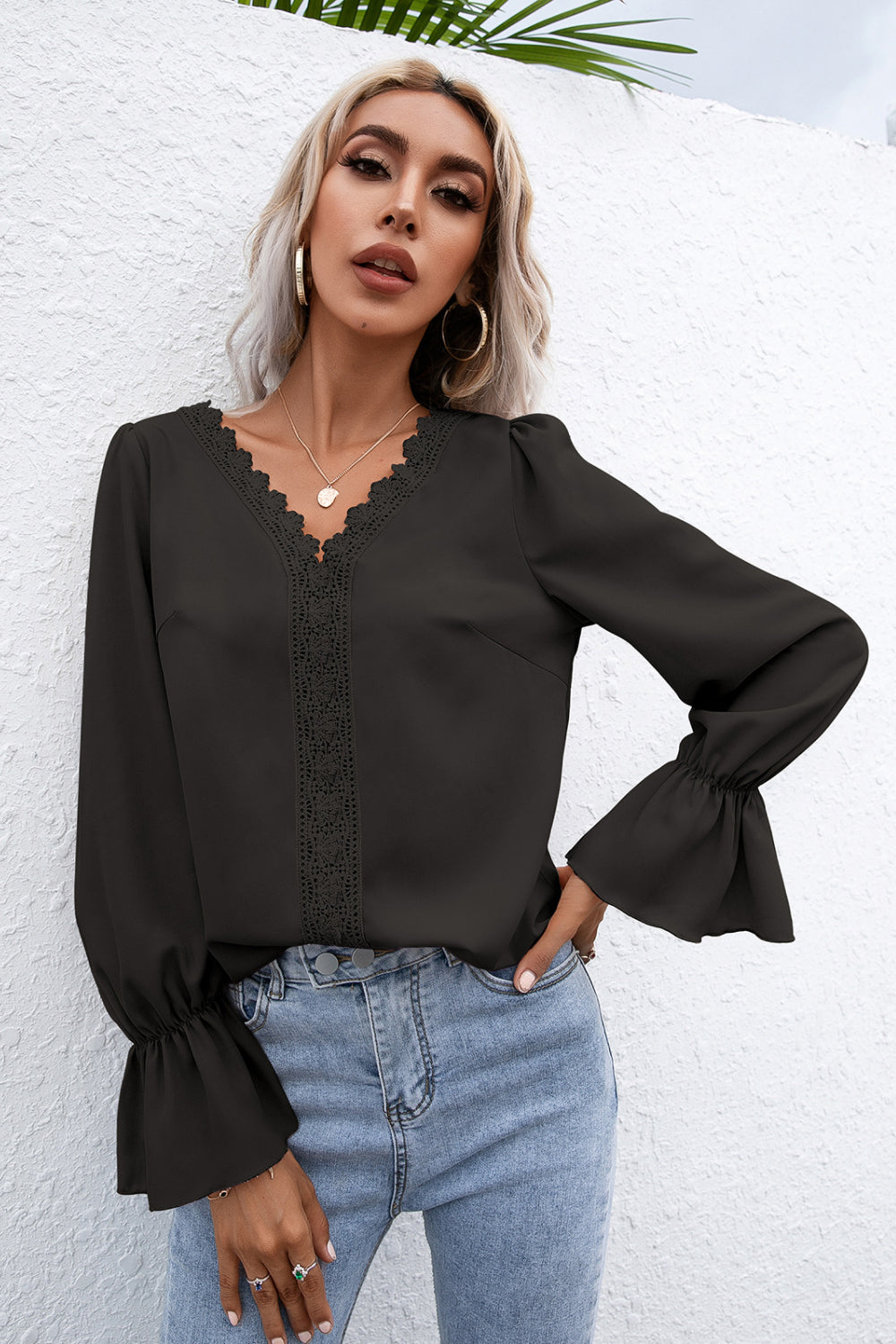 Lace Trim Flounce Sleeve Blouse - LOLA LUXE