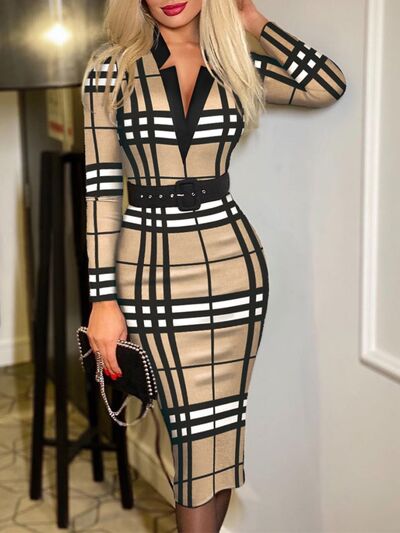 Printed Notched Long Sleeve Wrap Dress - lolaluxeshop